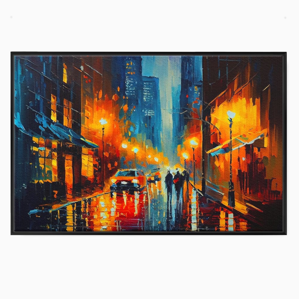 Tablou canvas cu pictura stradala cu oras plouat, in rama de aluminiu negru